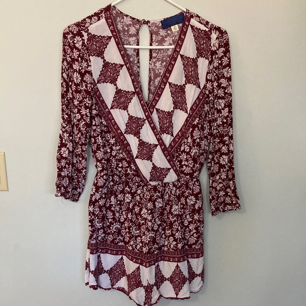 Blue Rain Burgundy Floral Surplice Romper Long Sleeve